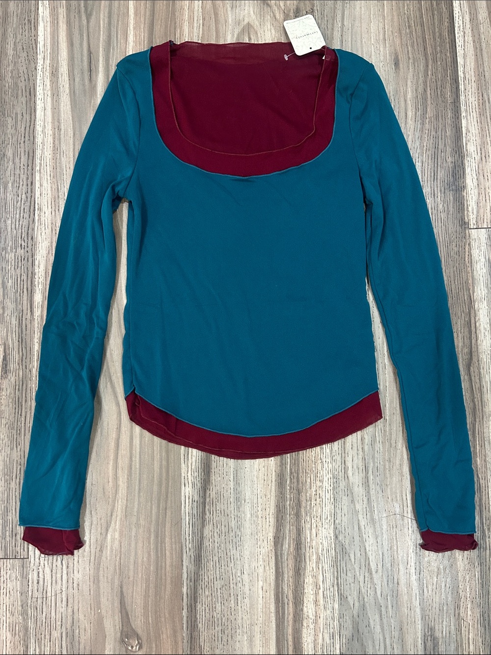 Free People Teal Long Sleeve Scoop Neck Top with Burgundy Trim